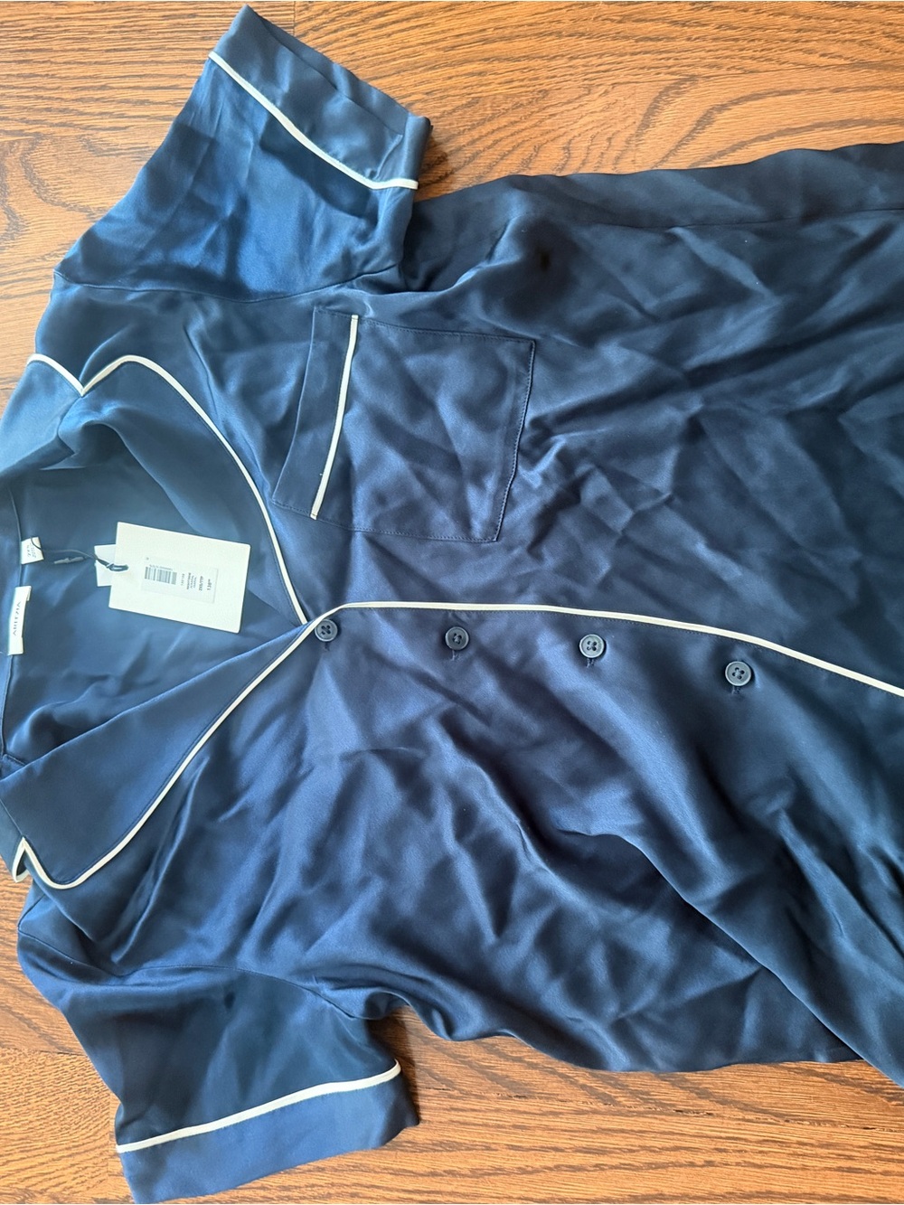 Aritzia Navy Satin Pajama Top with White Piping